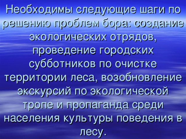 Необходимы следующие шаги по решению проблем бора: создание экологических отрядов, проведение городских субботников по очистке территории леса, возобновление экскурсий по экологической тропе и пропаганда среди населения культуры поведения в лесу. 