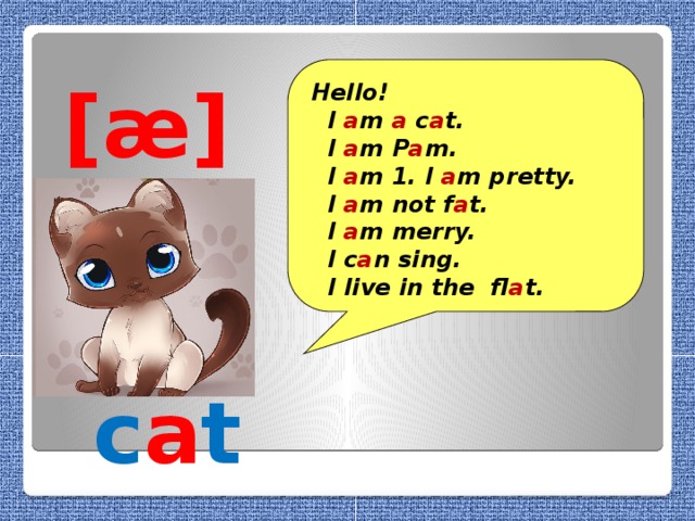 [æ]      c a t Hello!  I a m a c a t.  I a m P a m.  I a m 1. I a m pretty.  I a m not f a t.  I a m merry.  I c a n sing.  I live in the fl a t.