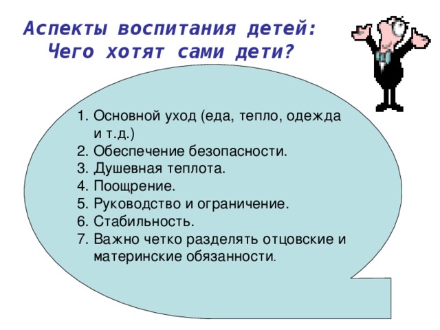 Аспекты воспитания детей:  Чего хотят сами дети? Основной уход (еда, тепло, одежда и т.д.) Обеспечение безопасности. Душевная теплота. Поощрение. Руководство и ограничение. Стабильность. Важно четко разделять отцовские и материнские обязанности . 