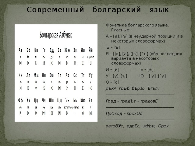  Современный болгарский язык Фонетика болгарского языка. Гласные: А – [а], [ъ] (в неударной позиции и в некоторых словоформах) Ъ – [ъ] Я – [ja], [а], [jъ], [`ъ] (оба последних варианта в некоторых словоформах) И – [и] Е – [е] У – [у], [ъ] Ю - [jу], [`у] О – [о]. ръкА, грЪб, бЪрзо, Ъгьл . ————————————————— Град – градЪт – градовЕ ————————————————— ПрОход – прохОд ————————————————— автоб У с, адрЕс, жУри, Орех. 