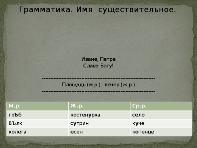 Грамматика. Имя существительное.   Иване, Петре  Слава Богу!   ---------------------------------------------------------------------  Площадь (м.р.) вечер (ж.р.)  ---------------------------------------------------------------------       М.р. грЪб Ж.р. Ср.р. костен у рка ВЪлк с е ло кол е га с у трин к у че е сен к о тенце 