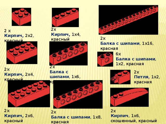 2x Кирпич, 1x4, красный 2 х Кирпич, 2x2, красный 2x Балка с шипами , 1x16, красная 6x Балка с шипами , 1x2, красная 2x Балка с шипами , 1x6, красная 2x Кирпич, 2x4, красный 2x Петля , 1x2, красная 2x Кирпич,  2x6, красный 2x Кирпич , 1x6, скошенный, красный 2x Балка с шипами , 1x8, красная 