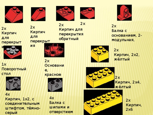 2х 2x Кирпич для перекрытия обратный 2x Балка с основанием, 2-модульная, 2x Кирпич для перекрытия 2x Кирпич для перекрытия 2x Кирпич, 2x2, жёлтый 2x Основание, красное 1x Поворотный стол 2x Кирпич, 2x4, жёлтый 4x Кирпич, 1x2, с соединительным штифтом, тёмно-серый 4x Балка с шипами и отверстием 2x Кирпич, 2x6 