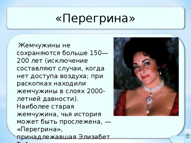 «Перегрина»  Жемчужины не сохраняются больше 150—200 лет (исключение составляют случаи, когда нет доступа воздуха; при раскопках находили жемчужины в слоях 2000-летней давности). Наиболее старая жемчужина, чья история может быть прослежена, — «Перегрина», принадлежавшая Элизабет Тейлор. 