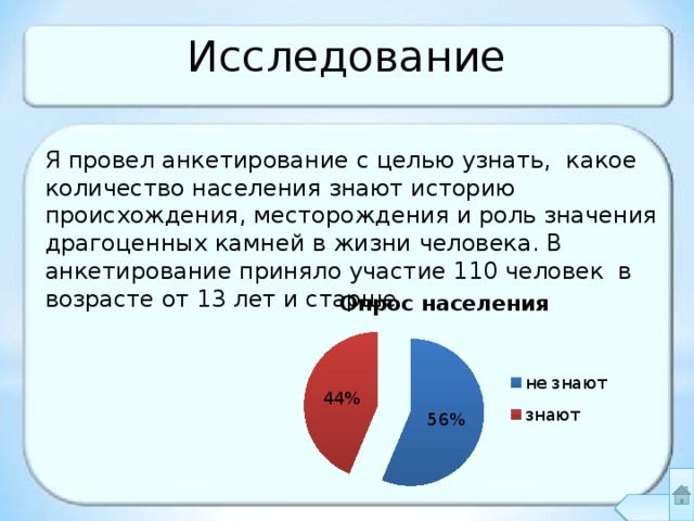 Исследование Я провел анкетирование с целью узнать, какое количество населения знают историю происхождения, месторождения и роль значения драгоценных камней в жизни человека. В анкетирование приняло участие 110 человек в возрасте от 13 лет и старше . 