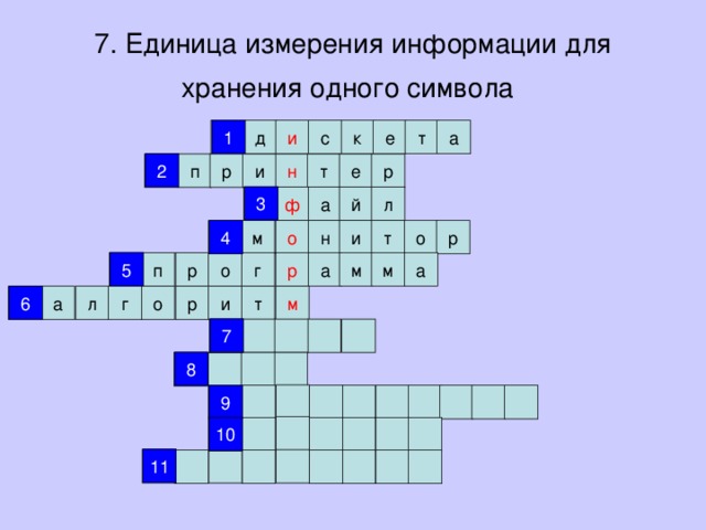 7. Единица измерения информации для хранения одного символа  1 1 и с к е т а д 2 р 2 е т н р п и 3 й ф л а 3 4 о 4 н р м т и о 5 5 а р а м м г р о п 6 т 6 р м а г л о и 7 7 8 8 9 9 10 10 11 11