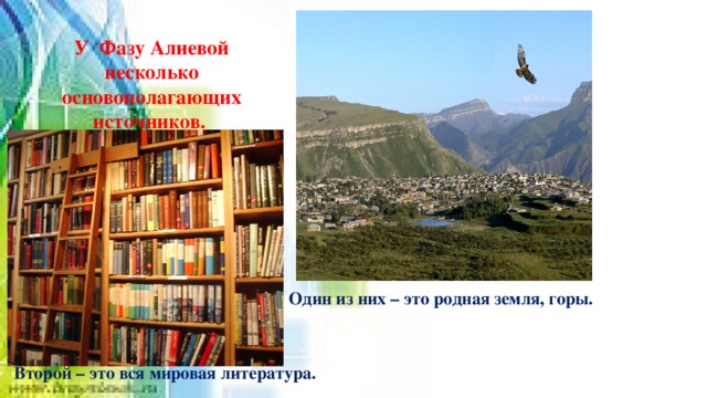 У Фазу Алиевой несколько основополагающих источников.   Один из них – это родная земля, горы. Второй – это вся мировая литература. 