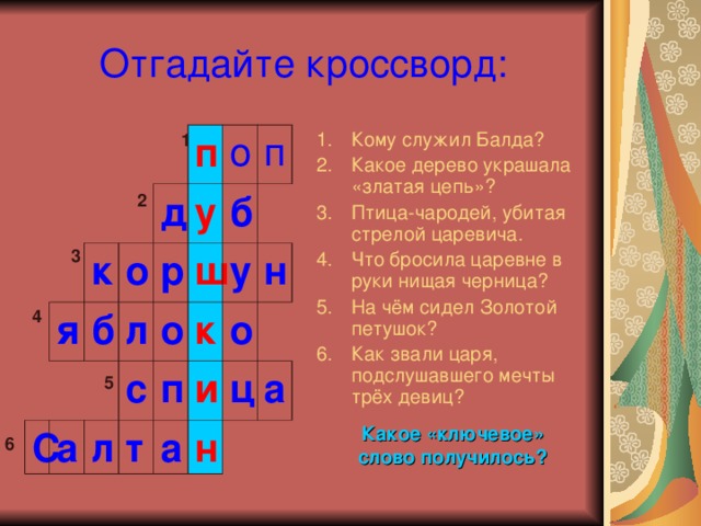 Отгадайте кроссворд: Кому служил Балда? Какое дерево украшала «златая цепь»? Птица-чародей, убитая стрелой царевича. Что бросила царевне в руки нищая черница? На чём сидел Золотой петушок? Как звали царя, подслушавшего мечты трёх девиц? 1 я к п б о С д а у л о р л с б ш п о к т у п а о и н н ц а 2 3 4 5 Какое «ключевое» слово получилось? 6 