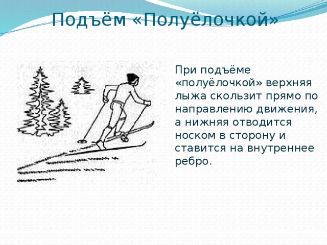 Подъём «Полуёлочкой» При подъёме «полуёлочкой» верхняя лыжа скользит прямо по направлению движения, а нижняя отводится носком в сторону и ставится на внутреннее ребро. 
