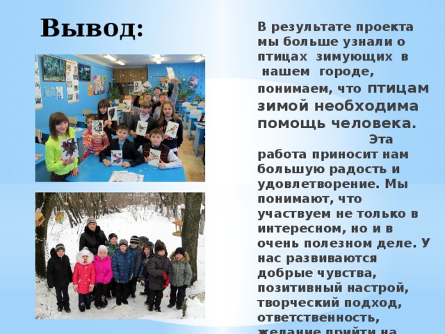 Вывод: В результате проекта мы больше узнали о птицах зимующих  в  нашем  городе, понимаем, что птицам зимой необходима помощь человека . Эта работа приносит нам большую радость и удовлетворение. Мы понимают, что участвуем не только в интересном, но и в очень полезном деле. У нас развиваются добрые чувства, позитивный настрой, творческий подход, ответственность, желание прийти на помощь птицам 