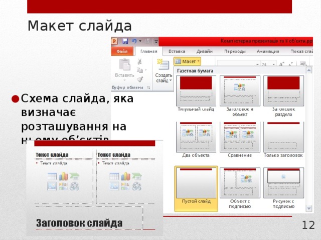Макет слайда Схема слайда, яка визначає розташування на ньому об’єктів 11 