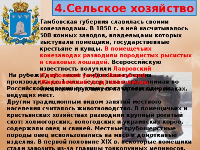 4.Сельское хозяйство Тамбовская губерния славилась своими конезаводами. В 1850 г. в ней насчитывалось 508 конных заводов, владельцами которых выступали помещики, государственные крестьяне и купцы. В помещечьих конезаводах разводили породистых рысистых и скаковых лошадей. Всероссийскую известность получили Лавровский (Тамбовский уезд) и Ивановский (Кирсановский уезд) конезаводы, специализирующиеся на орловских рысаках.  На рубеже двух веков Тамбовская губерния производила до 1 млн. ведер вина в год, занимая по Российской империи по этому показателю одно из ведущих мест. Другим традиционным видом занятий местного населения считалось животноводство. В помещичьих и крестьянских хозяйствах разводили крупный рогатый скот: холмогорских, вологодских и украинских коров, содержали овец и свиней. Местные грубошерстные породы овец использовались на мясо и домотканые изделия. В первой половине XIX в. некоторые помещики стали завозить из-за границы тонкорунных мериносов, продавая овечью шерсть на ткацкие предприятия. 