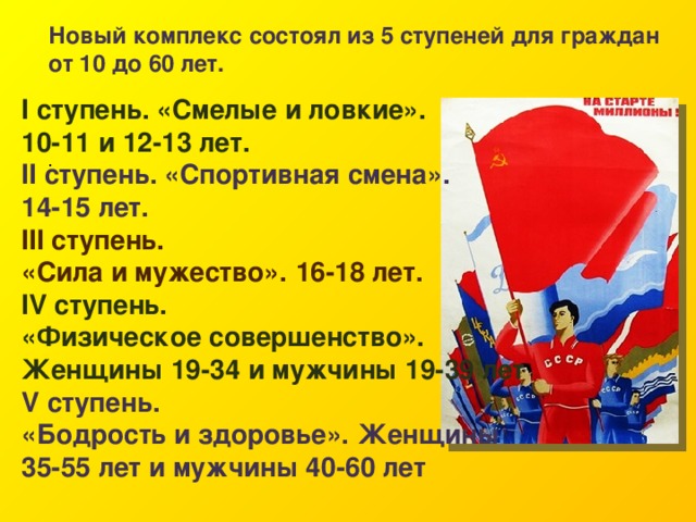 Новый комплекс состоял из 5 ступеней для граждан от 10 до 60 лет. I ступень. «Смелые и ловкие». 10-11 и 12-13 лет. II ступень. «Спортивная смена».  14-15 лет. III ступень. «Сила и мужество».  16-18 лет. IV ступень. «Физическое совершенство». Женщины 19-34 и мужчины 19-39 лет V ступень. «Бодрость и здоровье».  Женщины 35-55 лет и мужчины 40-60 лет  . 