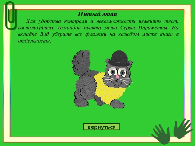 Пятый этап Для удобства контроля и невозможности изменить тест, воспользуйтесь командой пункта меню Сервис-Параметры. На вкладке Вид уберите все флажки на каждом листе книги в отдельности. вернуться