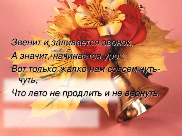 Звенит и заливается звонок, А значит, начинается урок. Вот только жалко нам совсем чуть-чуть, Что лето не продлить и не вернуть. 