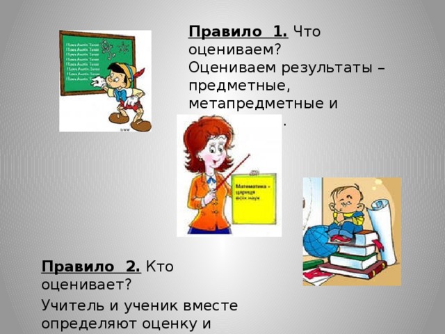 Правило 1. Что оцениваем?  Оцениваем результаты – предметные, метапредметные и личностные. Правило 2. Кто оценивает? Учитель и ученик вместе определяют оценку и отметку . 