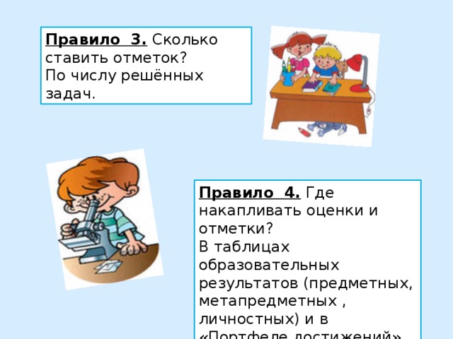 Правило 3. Сколько ставить отметок?  По числу решённых задач. Правило 4. Где накапливать оценки и отметки?  В таблицах образовательных результатов (предметных, метапредметных , личностных) и в «Портфеле достижений» («Портфолио») 