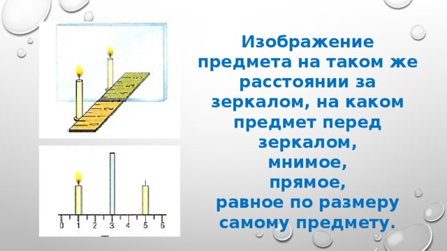 Изображение предмета на таком же расстоянии за зеркалом, на каком предмет перед зеркалом, мнимое, прямое, равное по размеру самому предмету.  