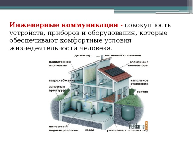 Инженерные коммуникации - совокупность устройств, приборов и оборудования, которые обеспечивают комфортные условия жизнедеятельности человека. 