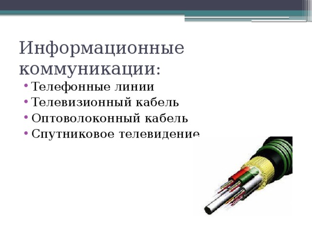 Информационные коммуникации: Телефонные линии Телевизионный кабель Оптоволоконный кабель Спутниковое телевидение 