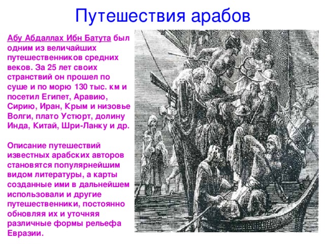 Путешествия арабов  Абу Абдаллах Ибн Батута был одним из величайших путешественников средних веков. За 25 лет своих странствий он прошел по суше и по морю 130 тыс. км и посетил Египет, Аравию, Сирию, Иран, Крым и низовье Волги, плато Устюрт, долину Инда, Китай, Шри-Ланку и др. Описание путешествий известных арабских авторов становятся популярнейшим видом литературы, а карты созданные ими в дальнейшем использовали и другие путешественники, постоянно обновляя их и уточняя различные формы рельефа Евразии. 