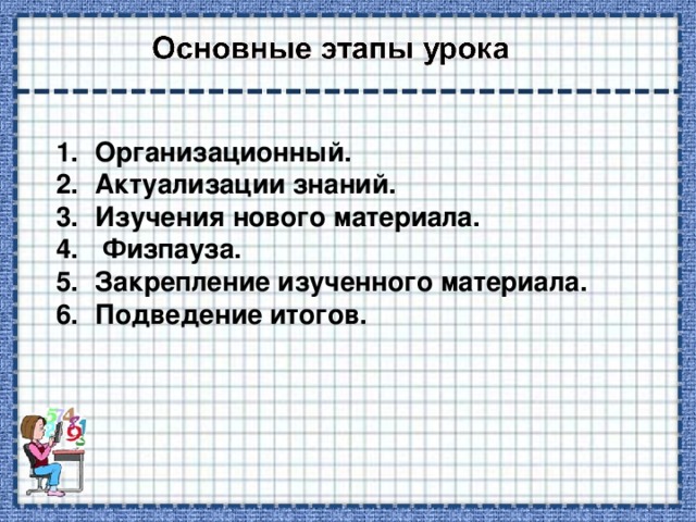 Организационный. Актуализации знаний. Изучения нового материала.  Физпауза. Закрепление изученного материала. Подведение итогов.