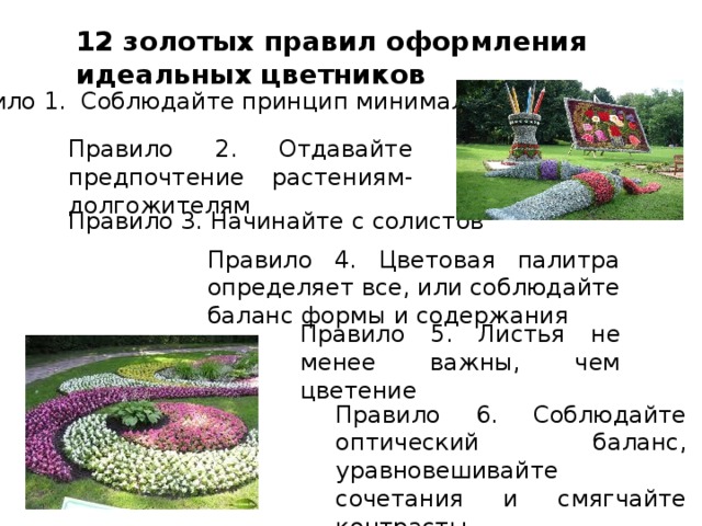 12 золотых правил оформления идеальных цветников Правило 1. Соблюдайте принцип минимализма Правило 2. Отдавайте предпочтение растениям-долгожителям Правило 3. Начинайте с солистов Правило 4. Цветовая палитра определяет все, или соблюдайте баланс формы и содержания Правило 5. Листья не менее важны, чем цветение Правило 6. Соблюдайте оптический баланс, уравновешивайте сочетания и смягчайте контрасты 