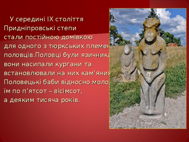  У середині І X століття  Придніпровські степи  стали постійною домівкою  для одного з тюркських племен –  половців.Половці були язичниками,  вони насипали кургани та  встановлювали на них кам ’ яних баб.  Половецькі баби відносно молоді, -  їм по п ’ ятсот – вісімсот,  а деяким тисяча років. 