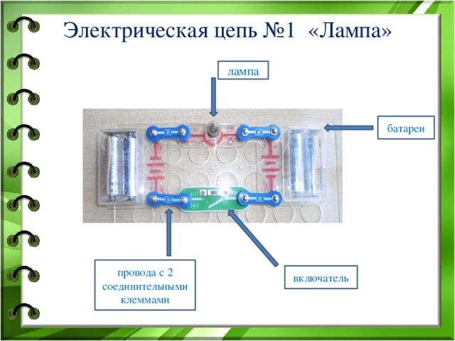 Электрическая цепь №1 «Лампа»   лампа батареи провода с 2 соединительными клеммами включатель