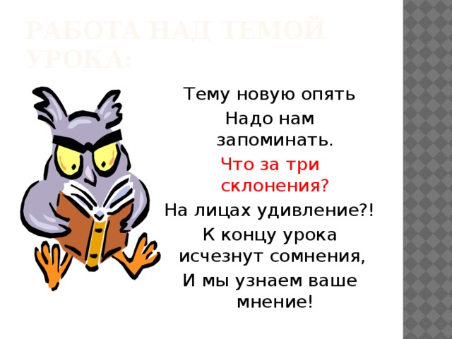 РАБОТА НАД ТЕМОЙ УРОКА: Тему новую опять Надо нам запоминать. Что за три склонения? На лицах удивление?! К концу урока исчезнут сомнения, И мы узнаем ваше мнение! 