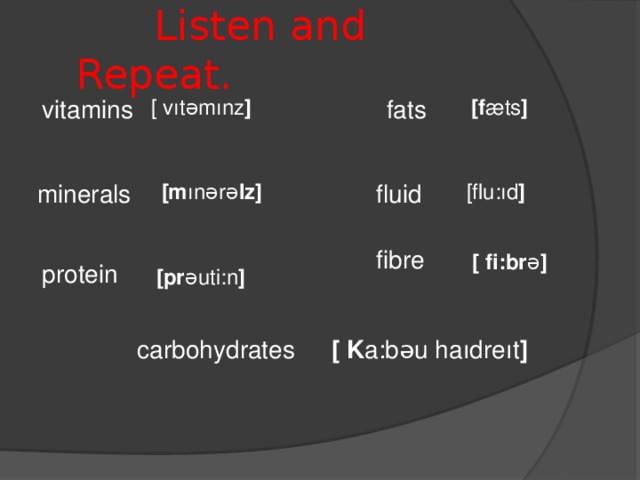 Listen and Repeat.  [ vıtəmınz ] [f æts ] vitamins fats [m ınərə lz] [flu:ıd ] minerals fluid fibre  [ fi:br ə ] protein [pr əuti:n ] carbohydrates [ K a:bəu h a ıdreıt ]