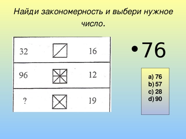 Найди закономерность и выбери нужное число . 76 76 57 28 90  