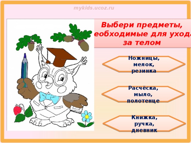 Выбери предметы, необходимые для ухода за телом Ножницы, мелок, резинка Расчёска, мыло, полотенце Книжка, ручка, дневник 