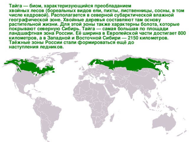  Тайга — биом, характеризующийся преобладанием хвойных лесов (бореальных видов ели, пихты, лиственницы, сосны, в том числе кедровой). Располагается в северной субарктической влажной географической зоне. Хвойные деревья составляют там основу растительной жизни. Для этой зоны также характерны болота, которые покрывают северную Сибирь. Тайга — самая большая по площади ландшафтная зона России. Её ширина в Европейской части достигает 800 километров, а в Западной и Восточной Сибири — 2150 километров. Таёжные зоны России стали формироваться ещё до наступления ледников. 