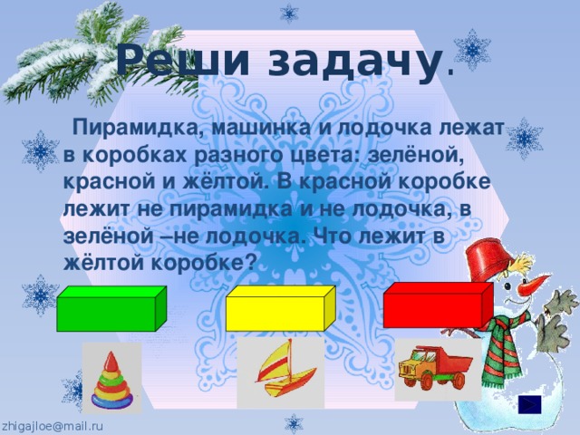 Реши задачу .  Пирамидка, машинка и лодочка лежат в коробках разного цвета: зелёной, красной и жёлтой. В красной коробке лежит не пирамидка и не лодочка, в зелёной –не лодочка. Что лежит в жёлтой коробке? 