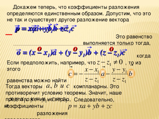  Докажем теперь, что коэффициенты разложения определяются единственным образом. Допустим, что это не так и существует другое разложение вектора p = xa + yb + zc p = x 1 a + y 1 b + z 1 c – Это равенство выполняется только тогда,  когда o o o o = ( x –  x 1 )a + (y – y 1 )b + (z – z 1 )c Если предположить, например, что , то из этого равенства можно найти Тогда векторы компланарны. Это противоречит условию теоремы. Значит, наше предположение не верно, и  Следовательно, коэффициенты  разложения определяются  единственным образом. 23 