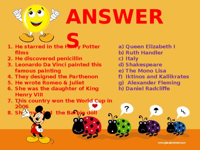 ANSWERS He starred in the Harry Potter films He discovered penicillin Leonardo Da Vinci painted this famous painting They designed the Parthenon He wrote Romeo & Juliet She was the daughter of King Henry VIII This country won the World Cup in 2006 She invented the Barbie doll Queen Elizabeth I Ruth Handler Italy Shakespeare The Mono Lisa Iktinos and Kallikrates  Alexander Fleming Daniel Radcliffe 