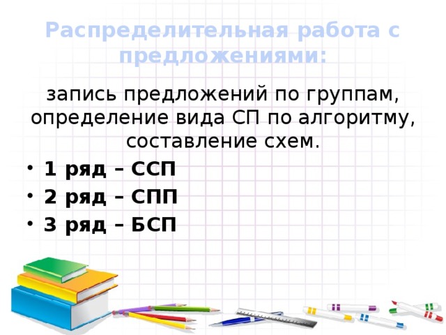 Распределительная работа с предложениями: запись предложений по группам, определение вида СП по алгоритму, составление схем.