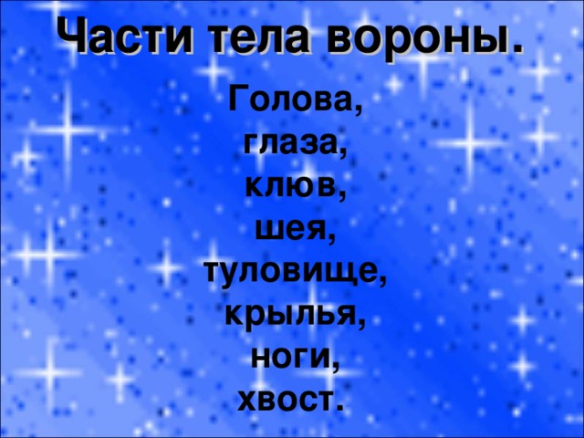Части тела вороны. Голова, глаза, клюв, шея, туловище, крылья, ноги, хвост.  