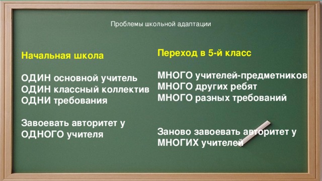 Проблемы школьной адаптации Переход в 5-й класс  МНОГО учителей-предметников МНОГО других ребят МНОГО разных требований   Заново завоевать авторитет у МНОГИХ учителей   Начальная школа  ОДИН основной учитель ОДИН классный коллектив ОДНИ требования  Завоевать авторитет у ОДНОГО учителя 