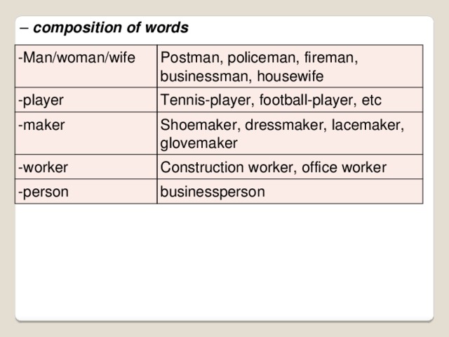 –  composition of words -Man/woman/wife Postman, policeman, fireman, businessman, housewife -player Tennis-player, football-player, etc -maker Shoemaker, dressmaker, lacemaker, glovemaker -worker Construction worker, office worker -person businessperson 