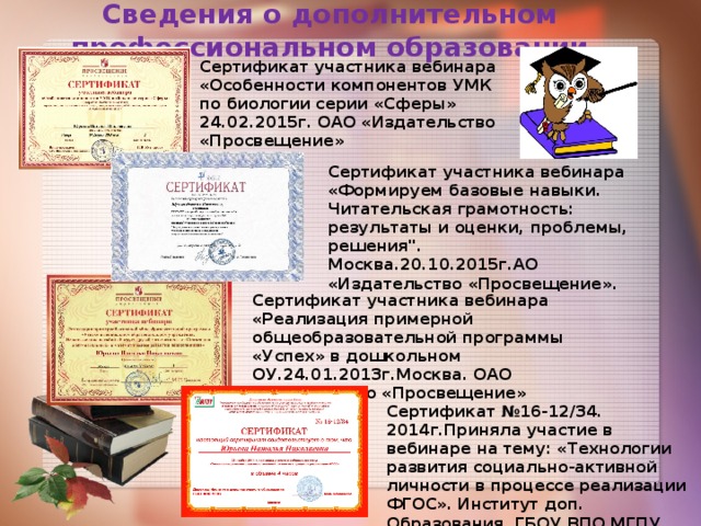 Сведения о дополнительном профессиональном образовании Сертификат участника вебинара «Особенности компонентов УМК по биологии серии «Сферы» 24.02.2015г. ОАО «Издательство «Просвещение» Сертификат участника вебинара «Формируем базовые навыки. Читательская грамотность: результаты и оценки, проблемы, решения