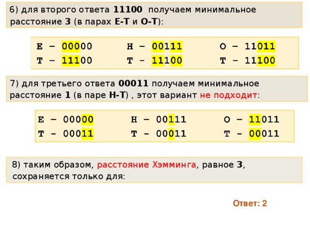  для второго ответа 11100 получаем минимальное расстояние 3 (в парах Е-Т и О-Т ):  для третьего ответа 00011 получаем минимальное расстояние 1 (в паре Н-Т ) , этот вариант не подходит :  таким образом, расстояние Хэмминга , равное 3 , сохраняется только для: Ответ: 2 