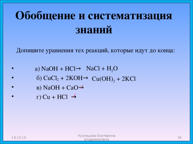 Обобщение и систематизация знаний   Допишите уравнения тех реакций, которые идут до конца:  а ) NaOH + HCl→  б ) CuCl 2 + 2KOH→  в) NaOH + CaO→  г) Сu + HCl → NaCl + H 2 O  Cu(OH) 2 + 2KCl 18.10.16 Кузнецова Екатерина владимировна  