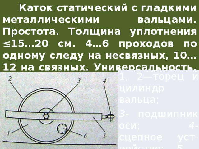  Каток статический с гладкими металлическими вальцами. Простота. Толщина уплотнения ≤15…20 см. 4…6 проходов по одному следу на несвязных, 10…12 на связных. Универсальность, надежность. 1, 2 —торец и цилиндр вальца; 3- подшипник оси; 4- сцепное уст-ройство; 5 - рама; 6- люк балластный 