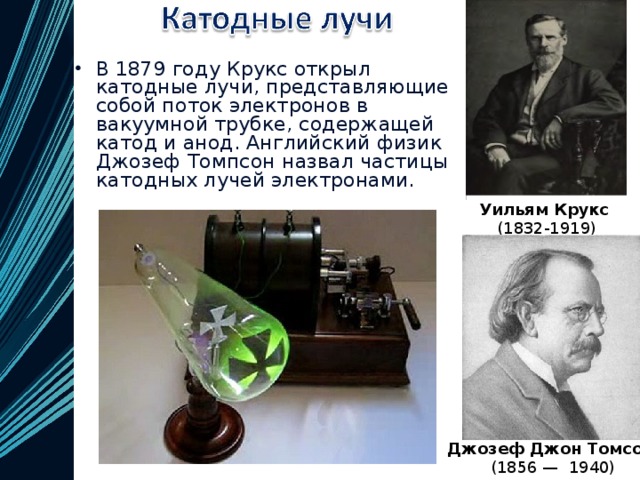 В 1879 году Крукс открыл катодные лучи, представляющие собой поток электронов в вакуумной трубке, содержащей катод и анод. Английский физик Джозеф Томпсон назвал частицы катодных лучей электронами.