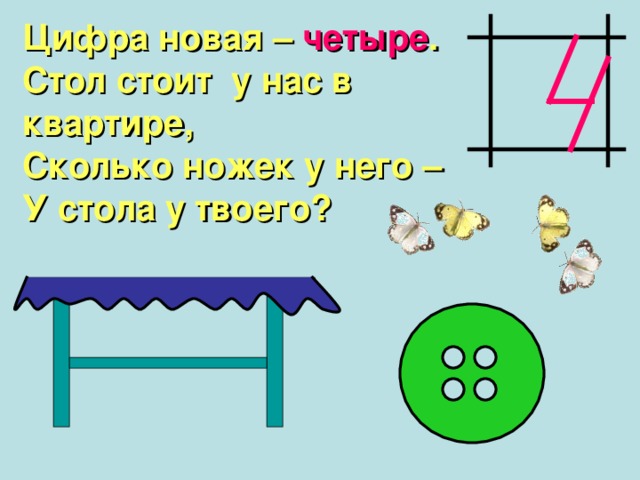 Цифра новая – четыре . Стол стоит у нас в квартире, Сколько ножек у него – У стола у твоего? 