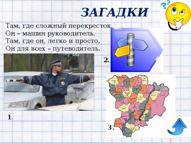 ЗАГАДКИ Там, где сложный перекресток,  Он – машин руководитель.  Там, где он, легко и просто,  Он для всех – путеводитель. 2. 1 . 3. 