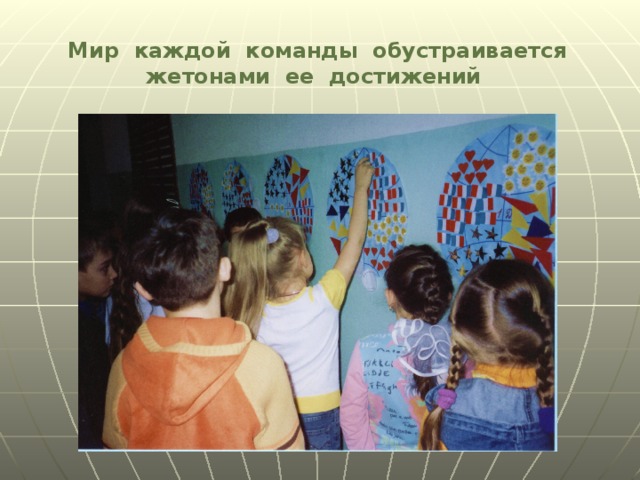 Мир каждой команды обустраивается жетонами ее достижений 