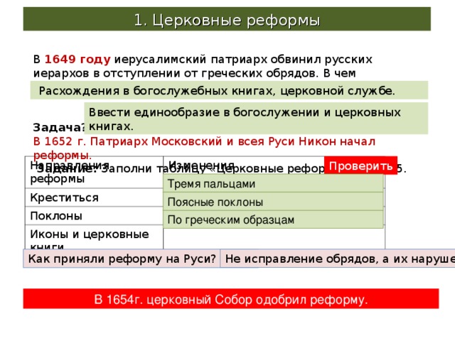 1. Церковные реформы В 1649 году иерусалимский патриарх обвинил русских иерархов в отступлении от греческих обрядов. В чем проявлялись отступления? С. 24.   Задача? – В 1652 г. Патриарх Московский и всея Руси Никон начал реформы.  Задание: Заполни таблицу «Церковные реформы»: с. 24-25.  Расхождения в богослужебных книгах, церковной службе. Ввести единообразие в богослужении и церковных книгах. Проверить Направления реформы Креститься Изменения Поклоны Иконы и церковные книги Тремя пальцами Поясные поклоны По греческим образцам Как приняли реформу на Руси? С. 71 Не исправление обрядов, а их нарушение В 1654г. церковный Собор одобрил реформу. 